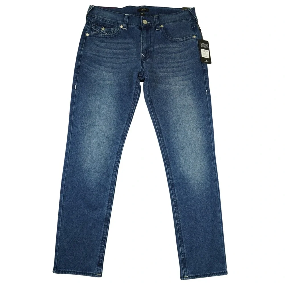 NEW True‎ Religion Geno Relaxed Slim Jeans Mens 36x32 Blue Big T Flap Pocket
